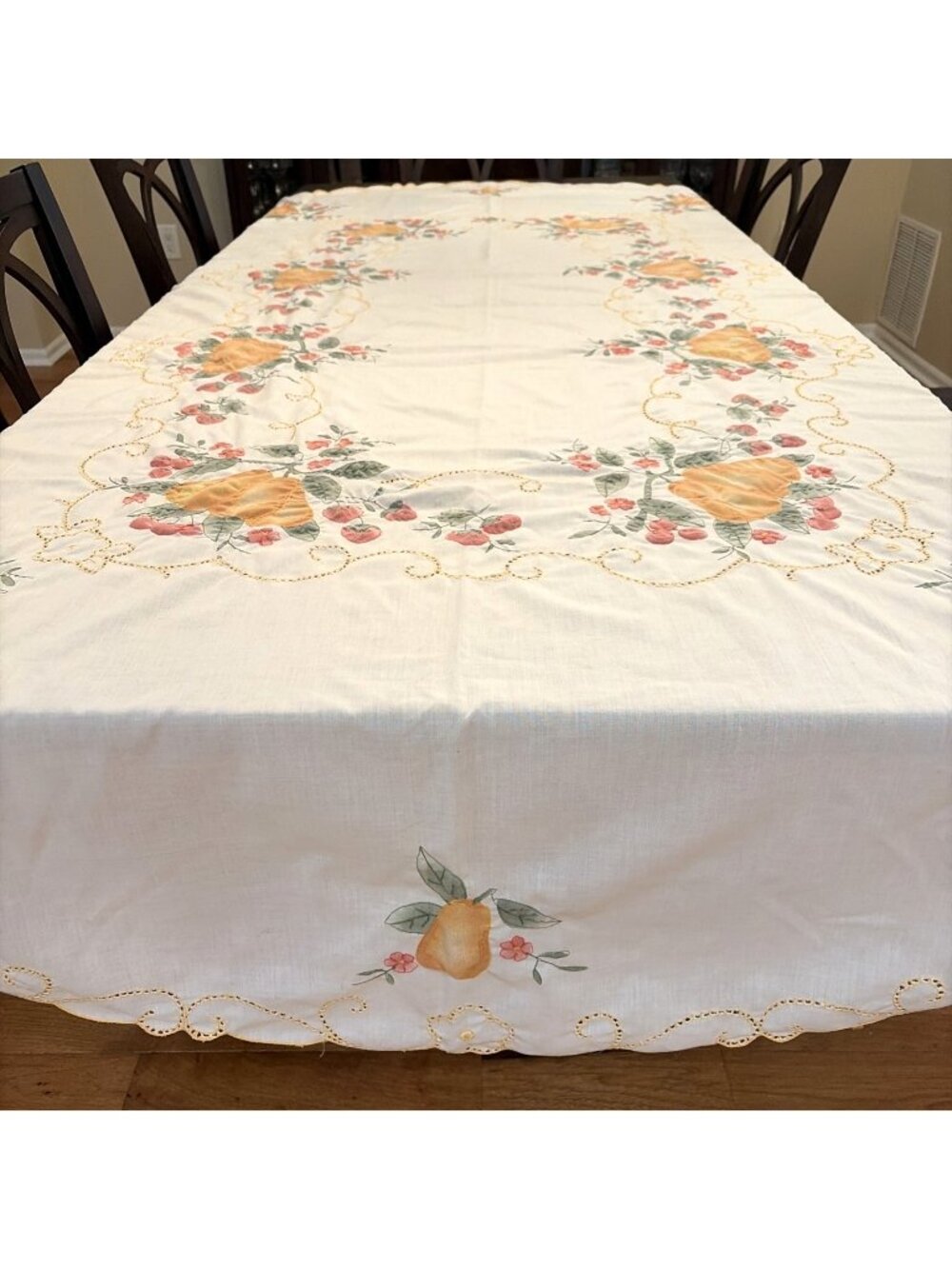 VTG Embroidered Cut Work Tablecloth Oval 100" X66" Summer Fruits Strawberries